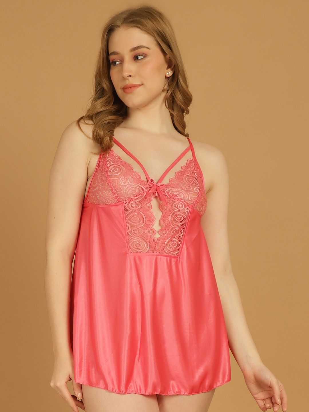 

Stylee LIFESTYLE Self Design Shoulder Straps Satin Lace Baby Doll, Pink