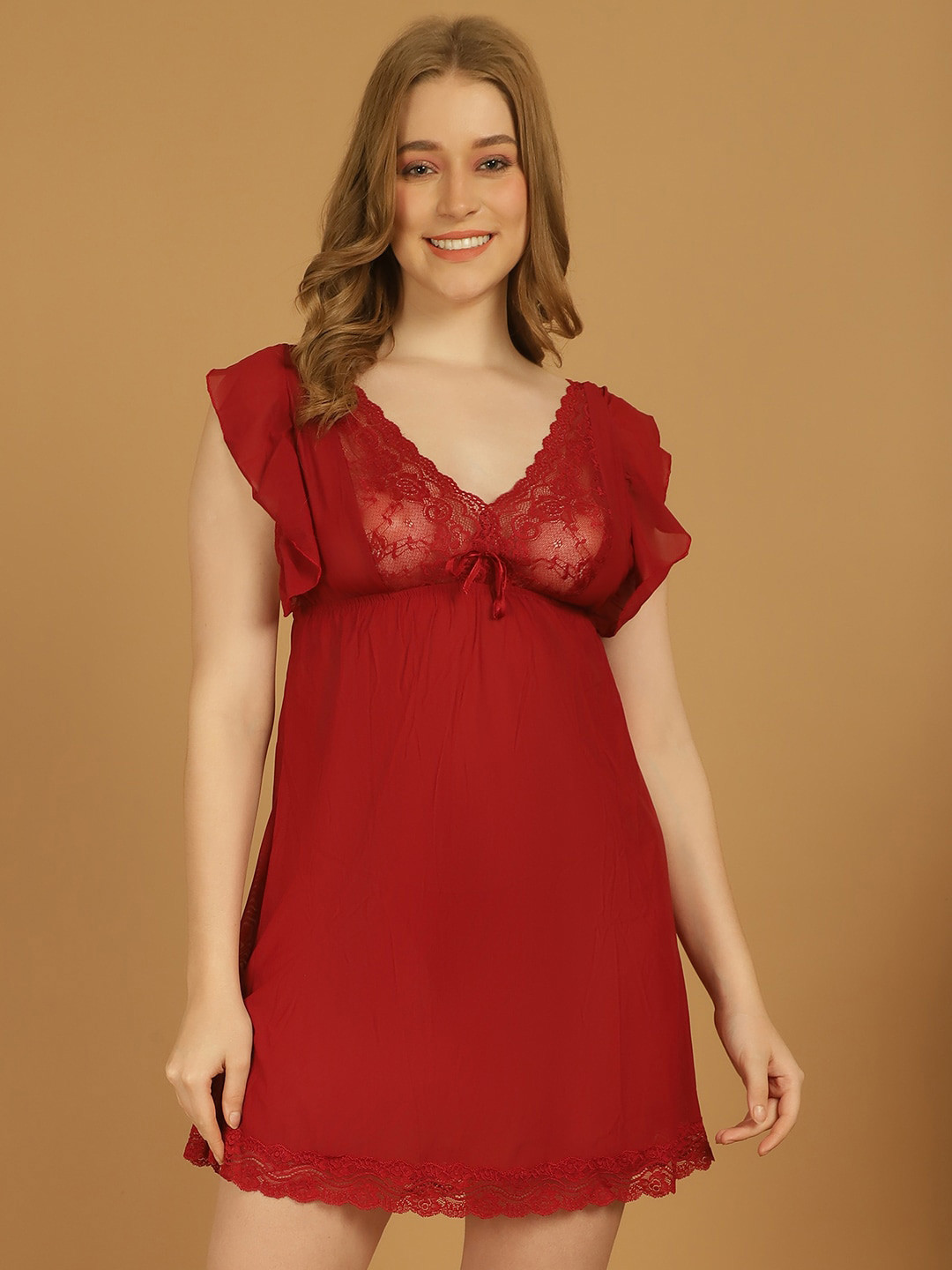 

Stylee LIFESTYLE Self Design V-Neck Net Baby Doll, Maroon