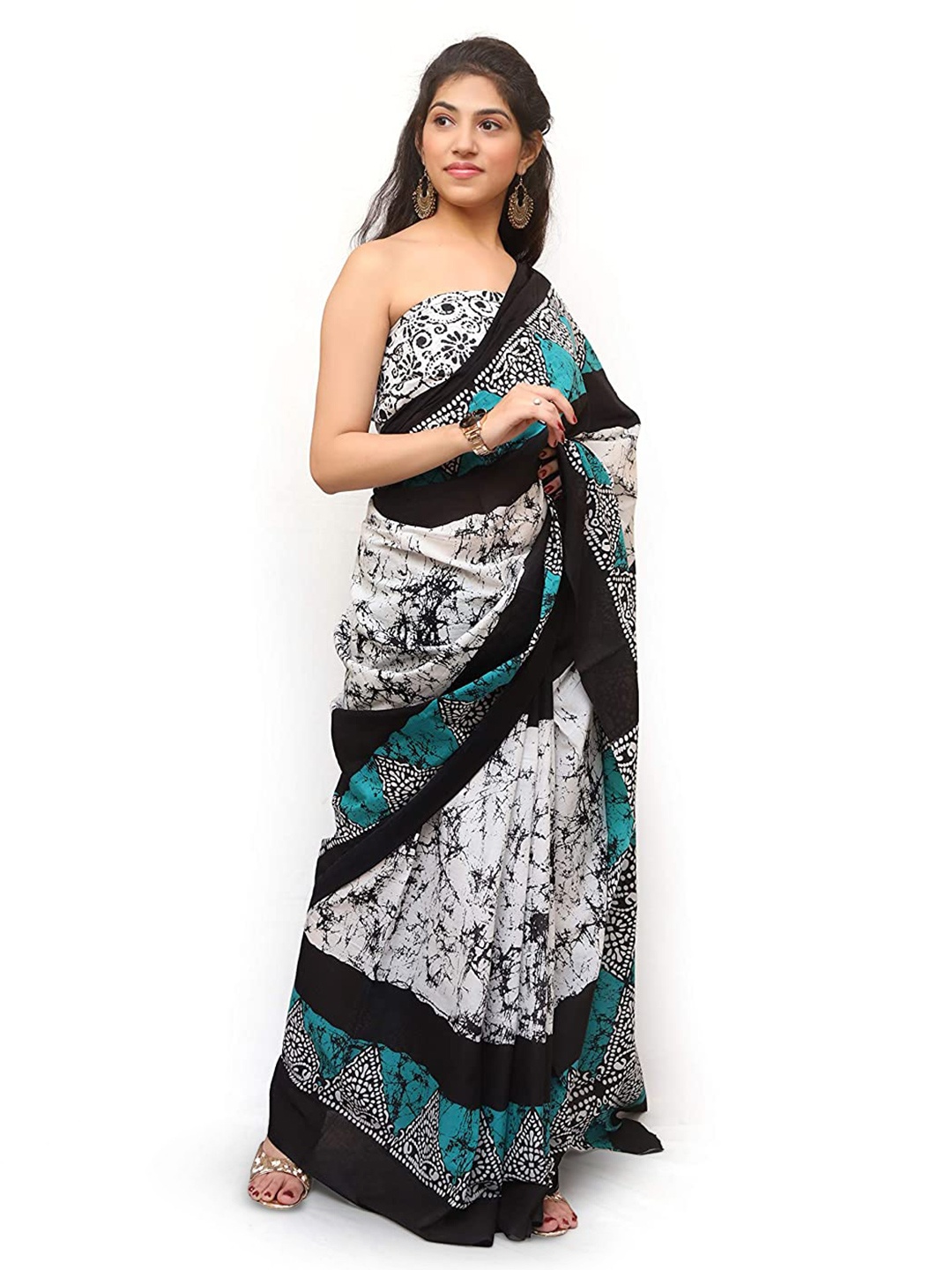 

NIKHILAM Batik Printed Mulmul Cotton Block Print Saree, Blue