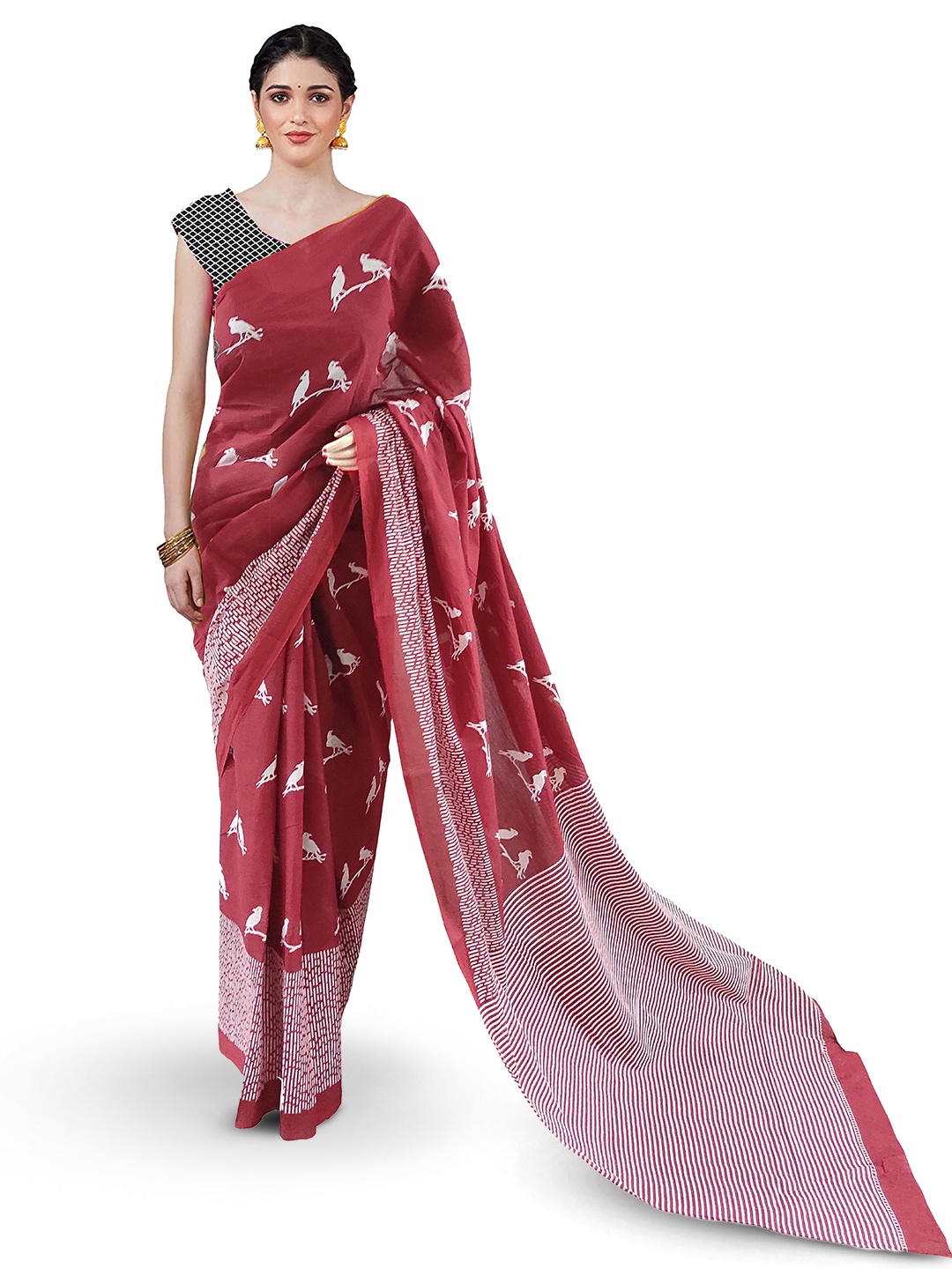 

NIKHILAM Abstract Printed Mulmul Cotton Block Print Saree, Maroon
