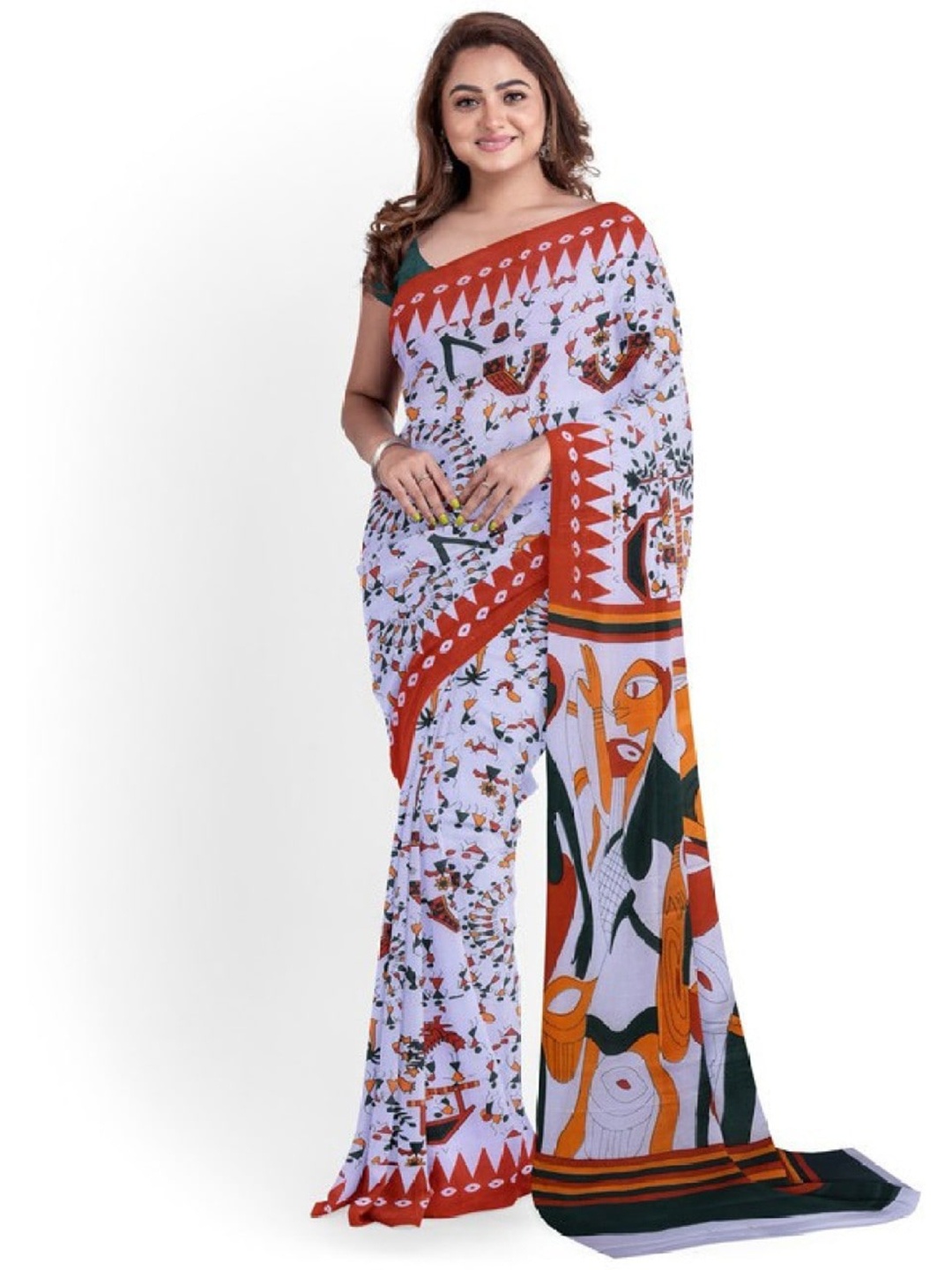 

NIKHILAM Warli Printed Mulmul Cotton Block Print Saree, Orange