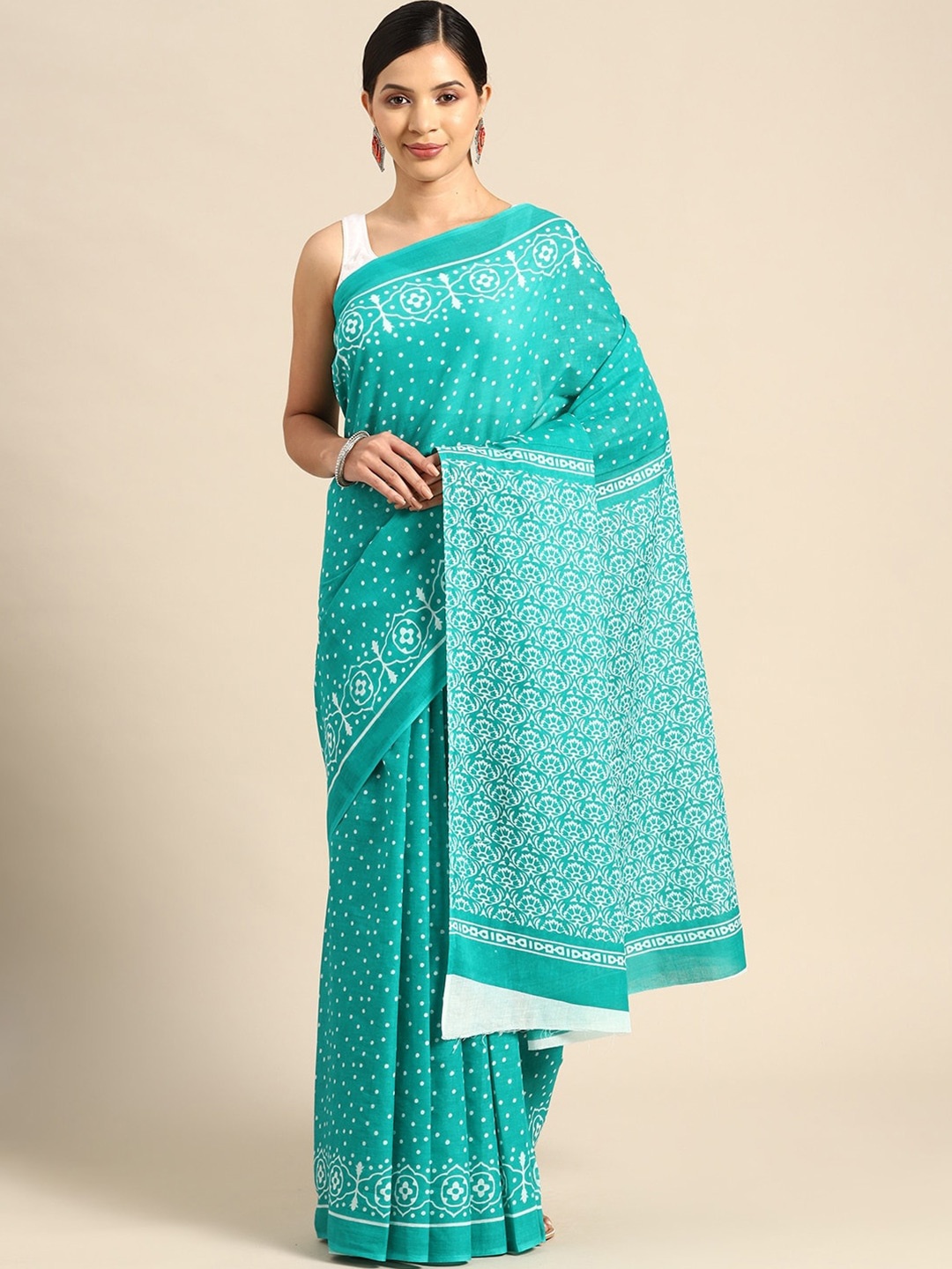 

NIKHILAM Polka Dot Printed Mulmul Cotton Block Print Saree, Blue