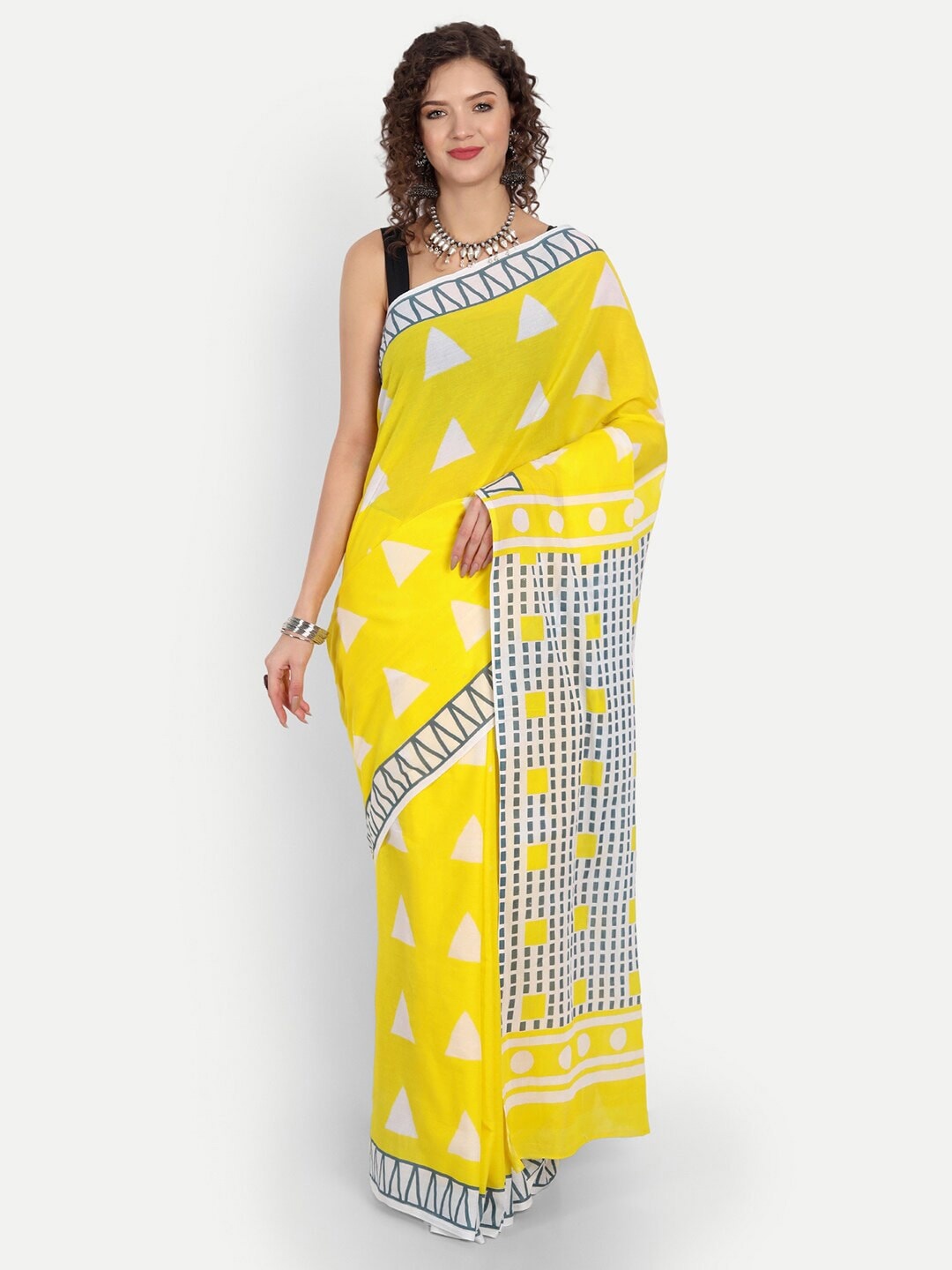 

NIKHILAM Geometric Printed Mulmul Cotton Ikat Saree, Yellow