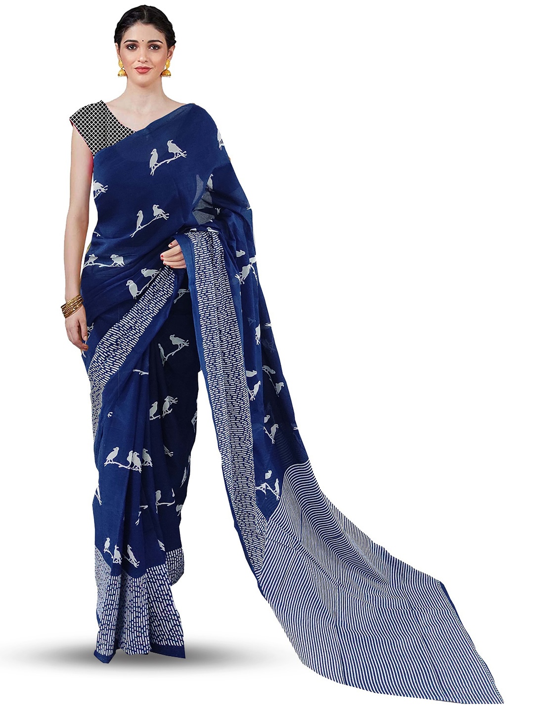 

NIKHILAM Abstract Printed Mulmul Cotton Block Print Saree, Blue