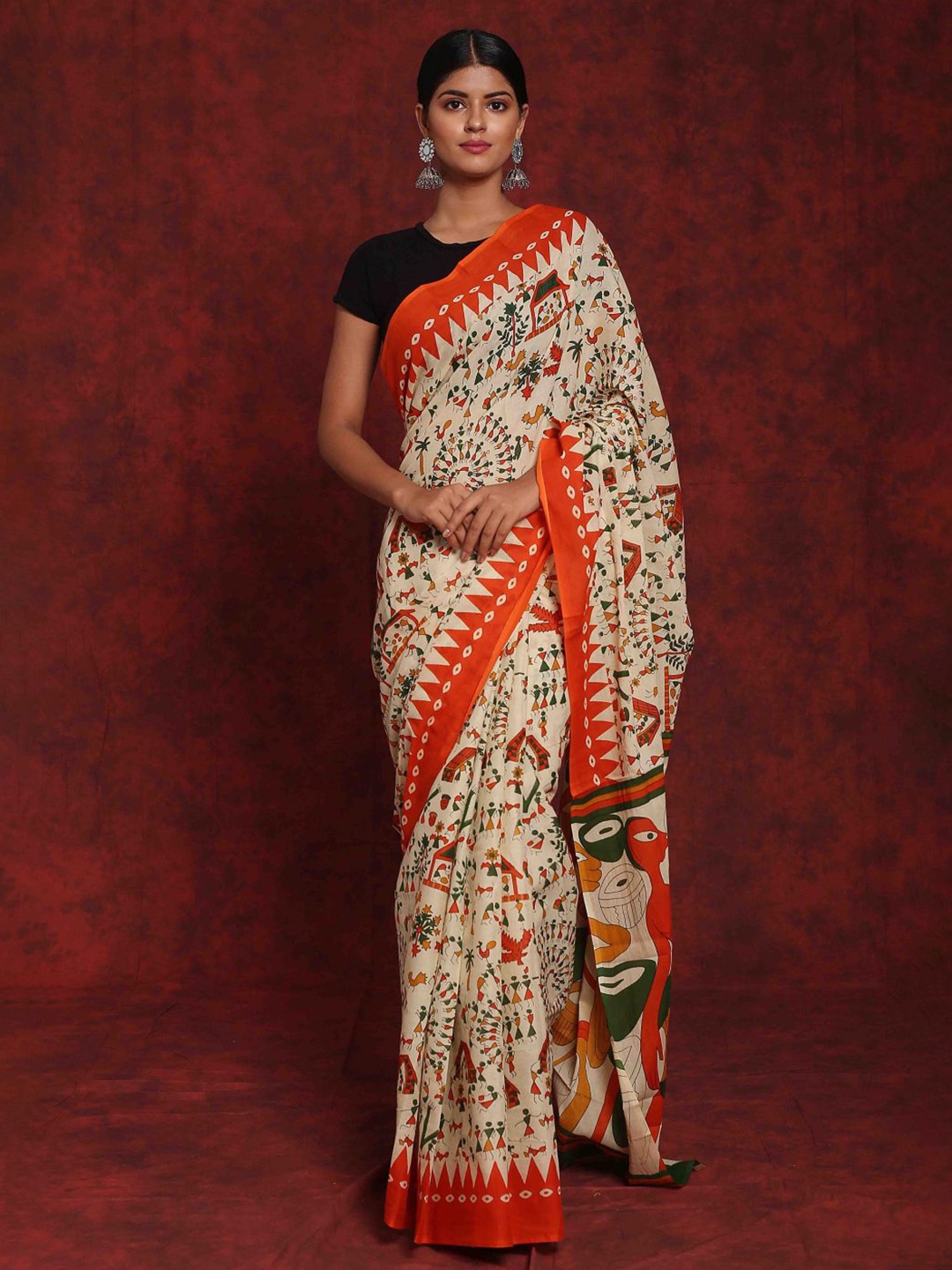 

NIKHILAM Warli Printed Mulmul Cotton Block Print Saree, Orange