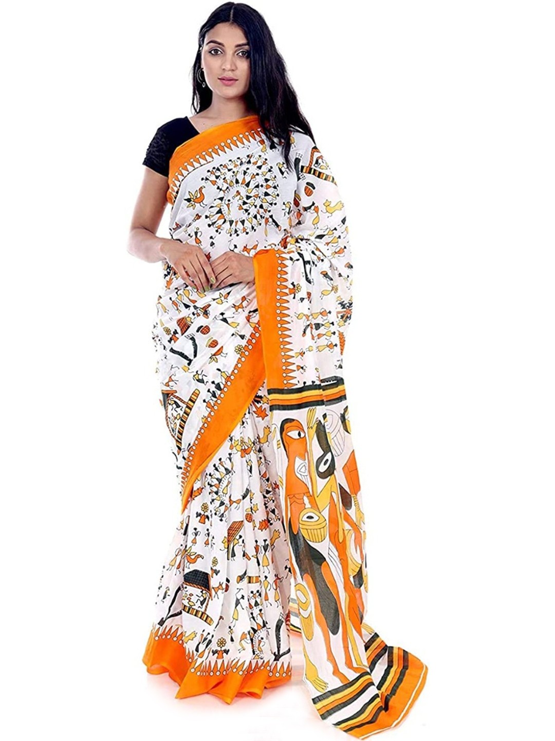 

NIKHILAM Warli Printed Mulmul Cotton Block Print Saree, Orange