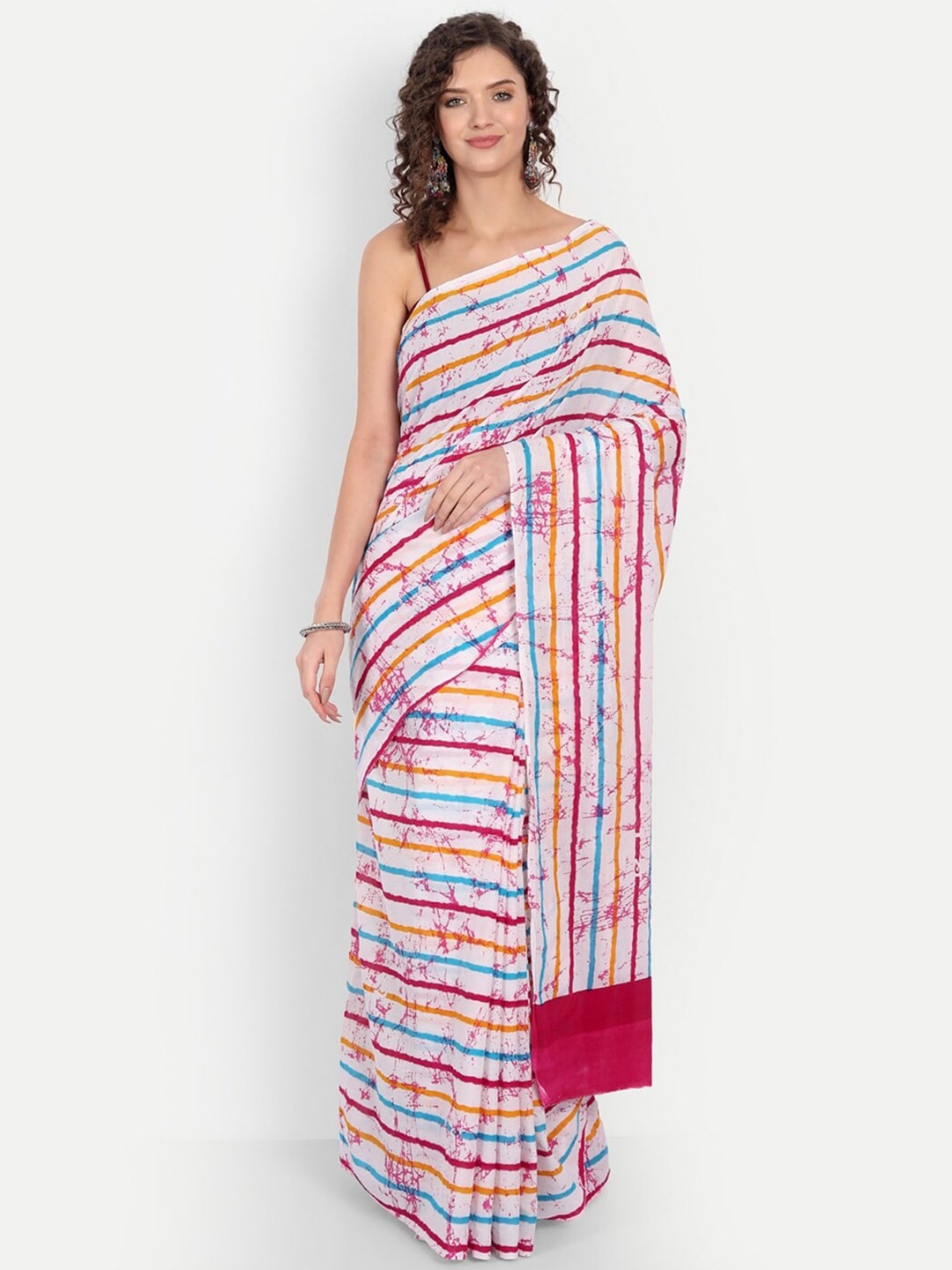 

NIKHILAM Striped Pure Cotton Ikat Saree, White