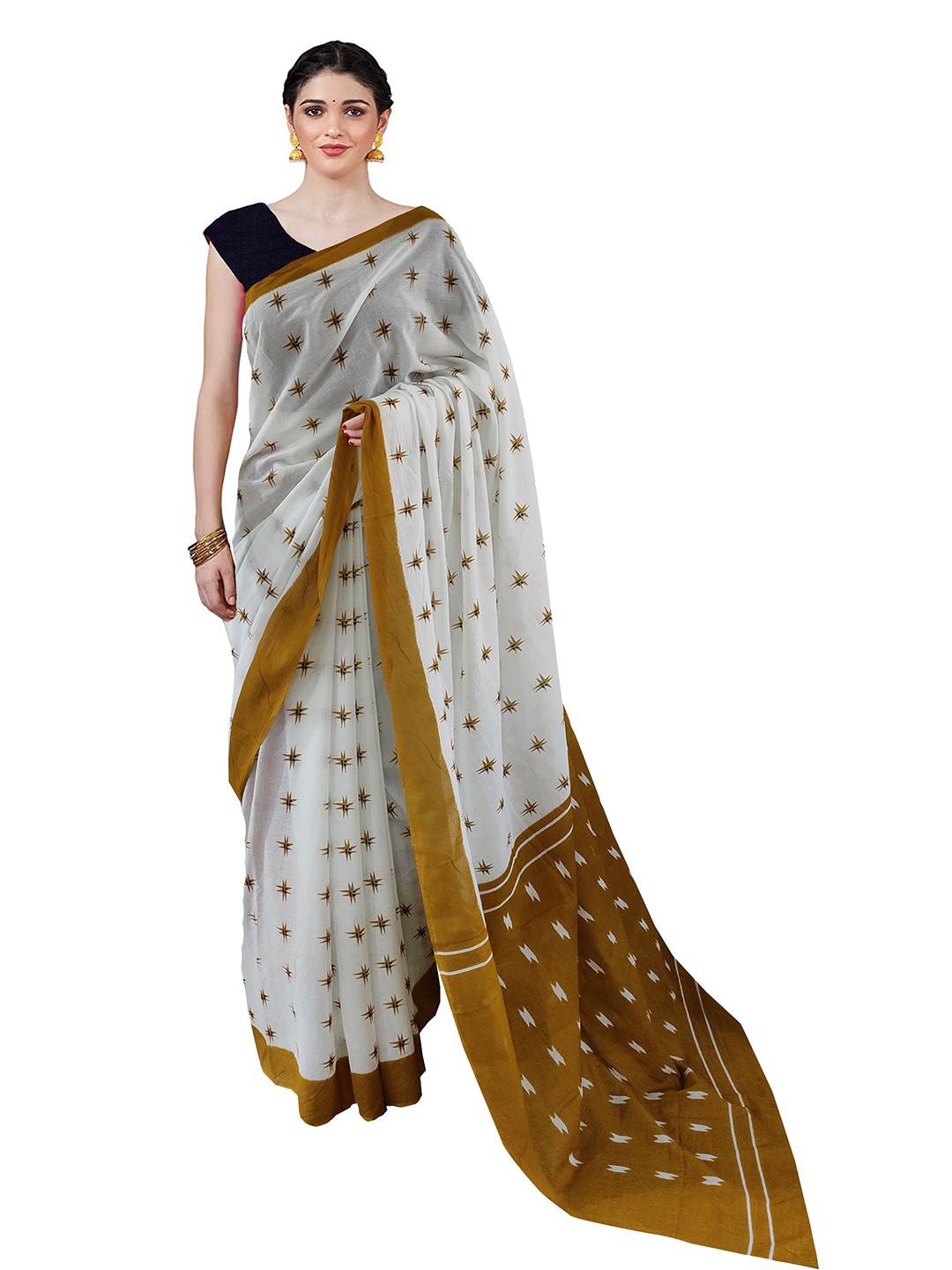 

NIKHILAM Pure Cotton Block Print Saree, White