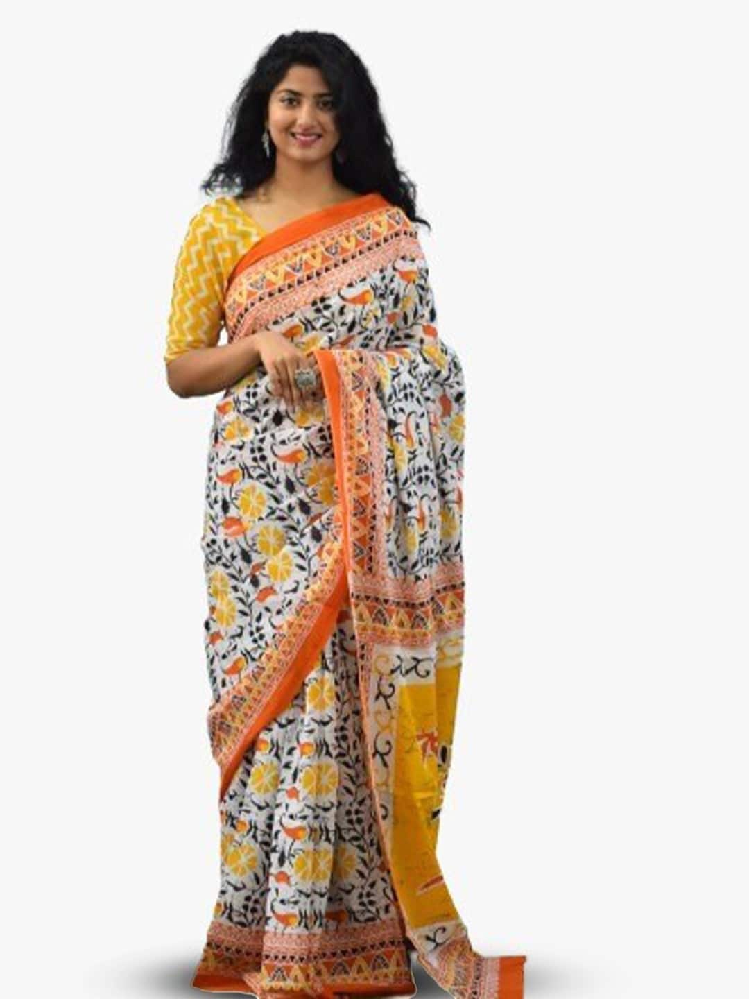 

NIKHILAM Floral Pure Cotton Block Print Saree, Orange