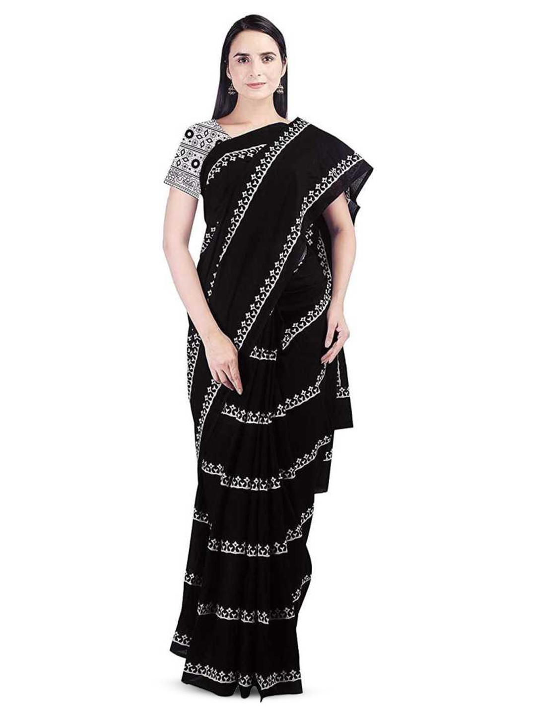 

NIKHILAM Ethnic Print Pure Cotton Block Print Saree, Black