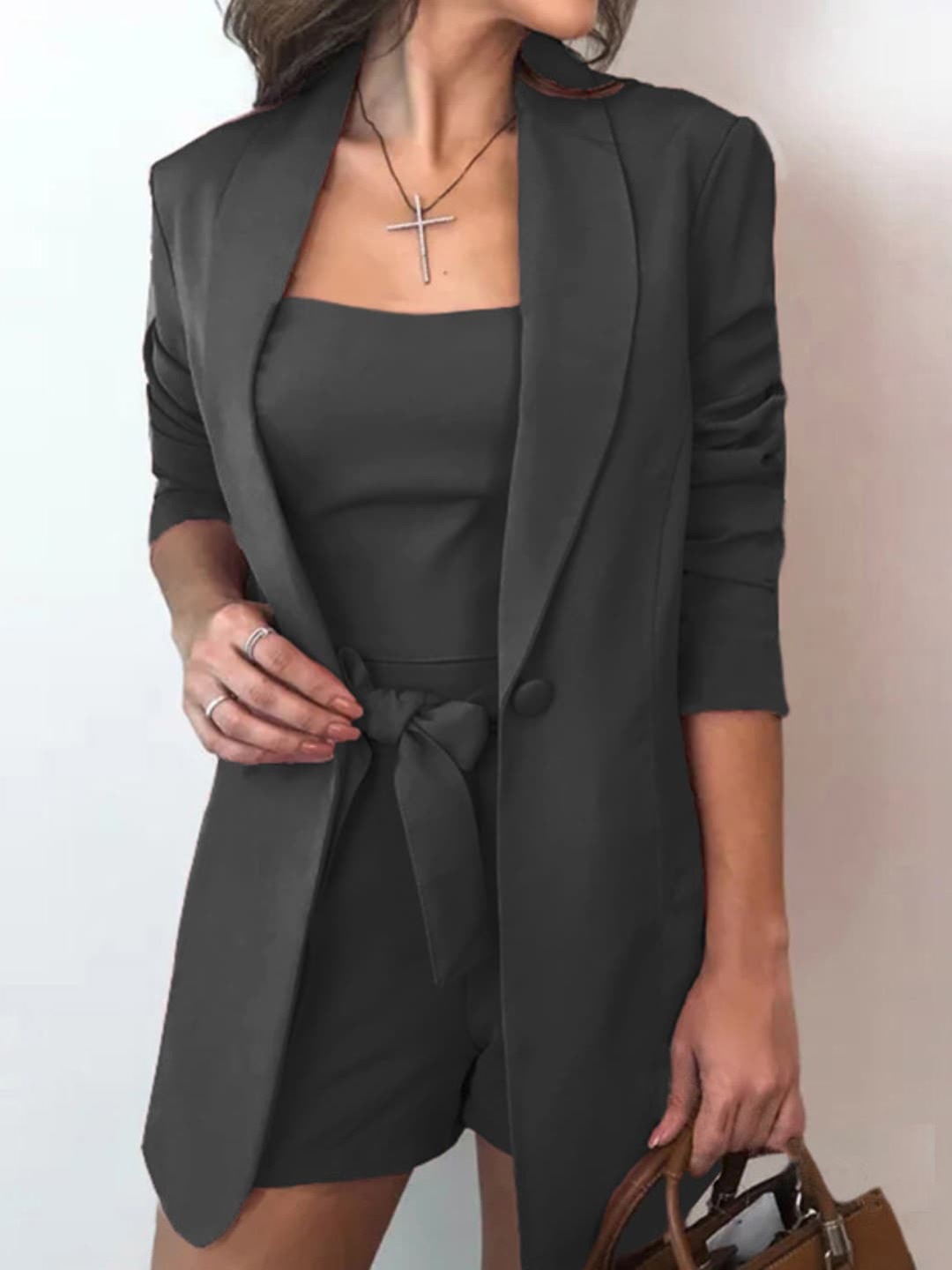 

Stylecast X KPOP Square Neck Top With Shawl Collar Blazer & Shorts Co-Ords, Black