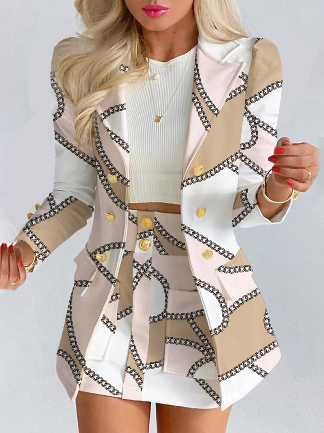 

Stylecast X KPOP Abstract Printed Coat With Skirt Co-Ords, White