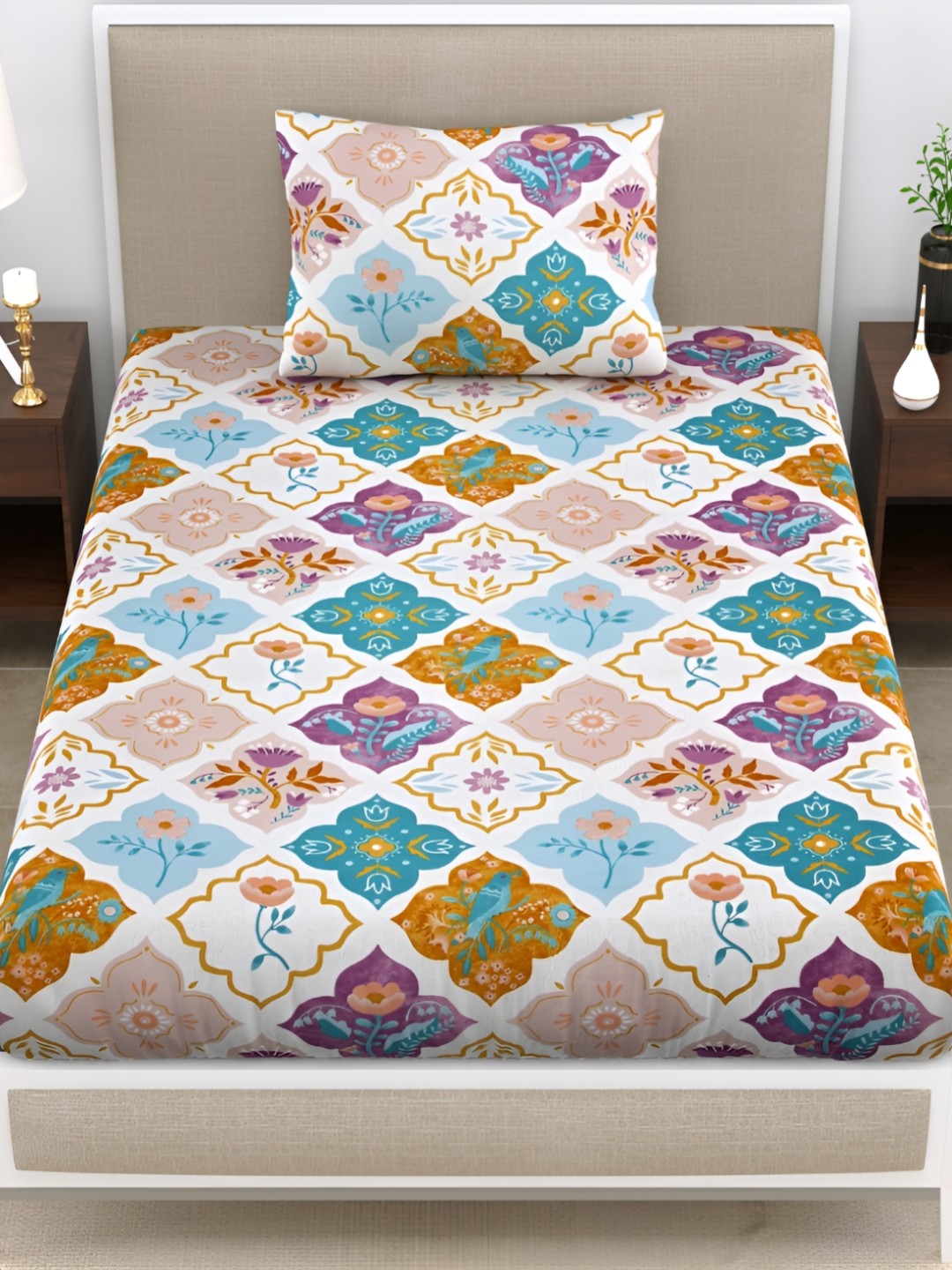 

EasyGoods White & Blue Floral 120 TC Single Bedsheet with 1 Pillow Cover
