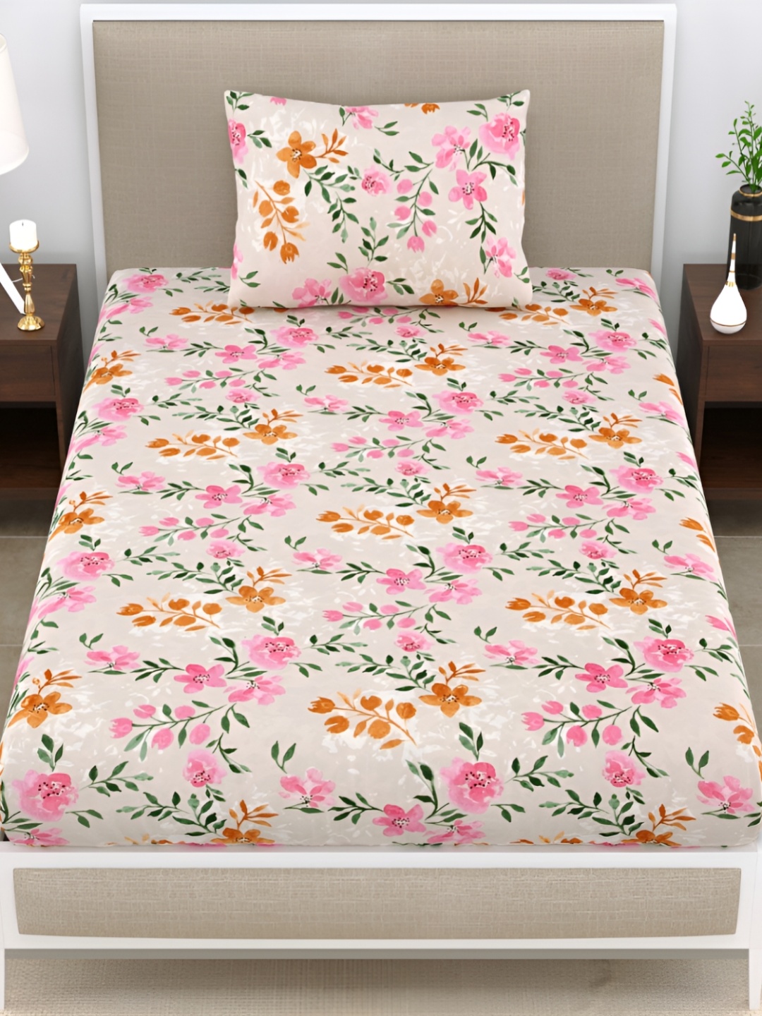 

EasyGoods Pink & Green Floral 120 TC Single Bedsheet with 1 Pillow Cover