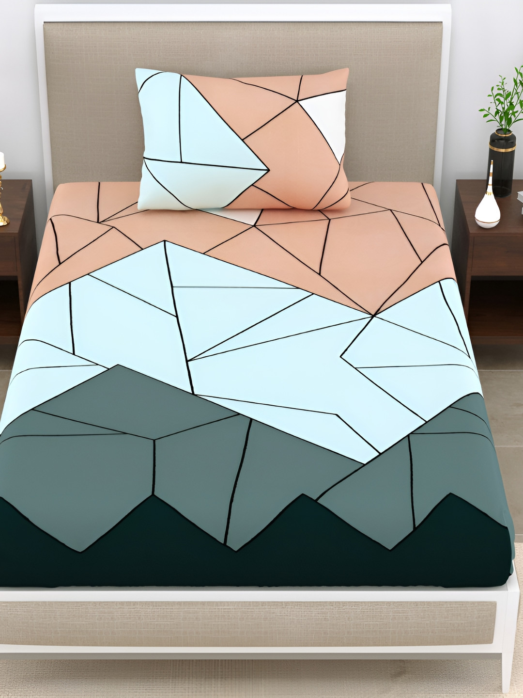 

EasyGoods Peach-Coloured & Green Geometric 120 TC Single Bedsheet with 1 Pillow Cover