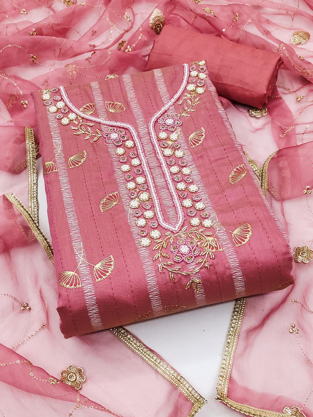 

KALINI Ethnic Motifs Embroidered Beads & Stones Detailed Unstitched Dress Material, Peach