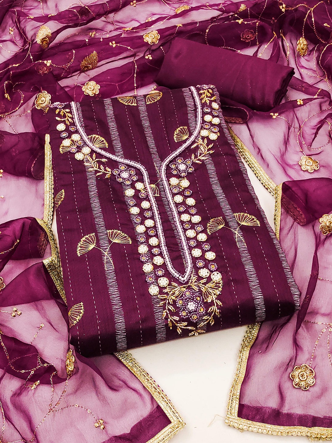 

KALINI Embellished Beads & Stones Unstitched Dress Material, Purple
