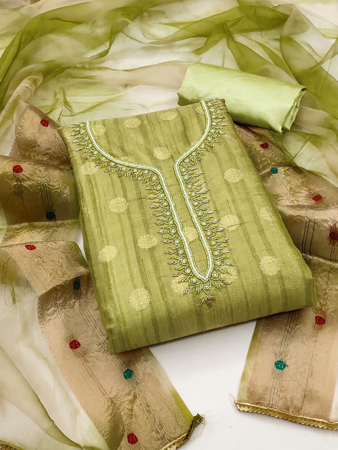 

KALINI Floral Woven Design Beads and Stones Unstitched Dress Material, Green