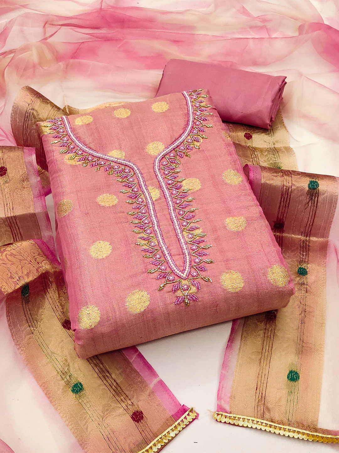 

KALINI Floral Woven Design Beads & Stones Unstitched Dress Material, Pink