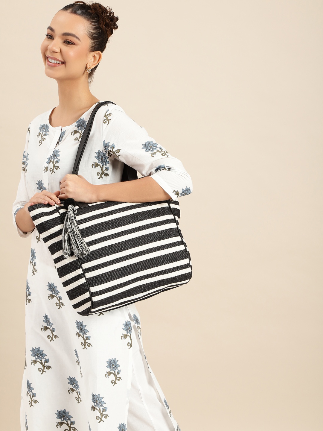 

Anouk Striped Shopper Tote Bag, Black
