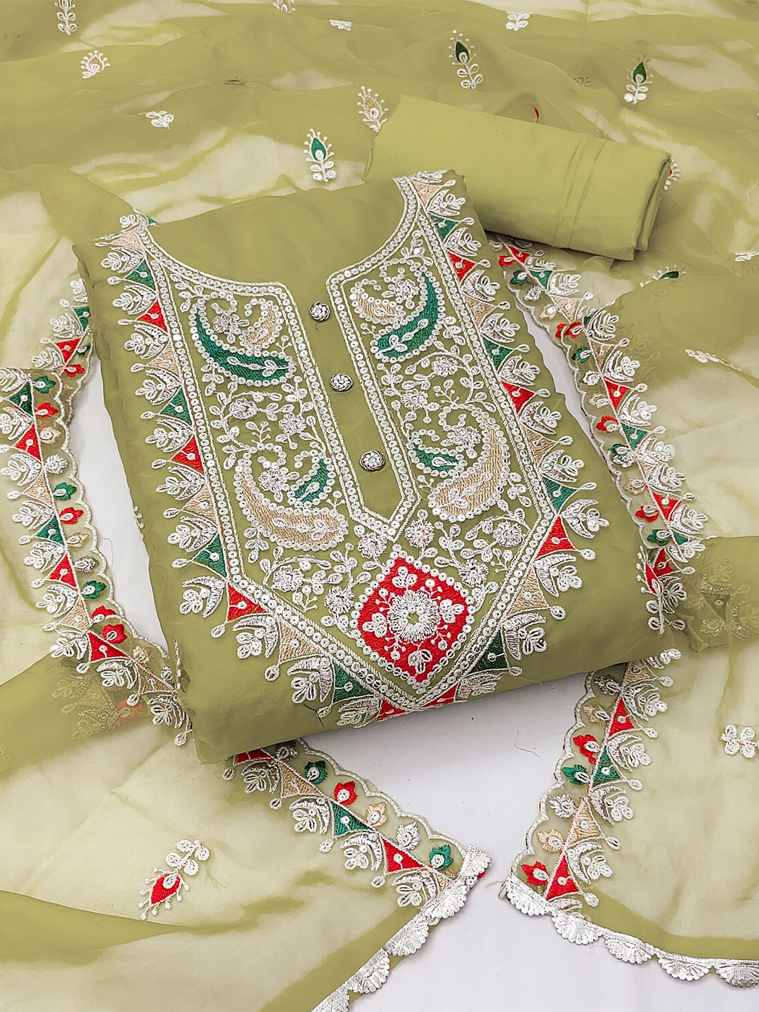 

KALINI Embroidered Organza Unstitched Dress Material, Olive