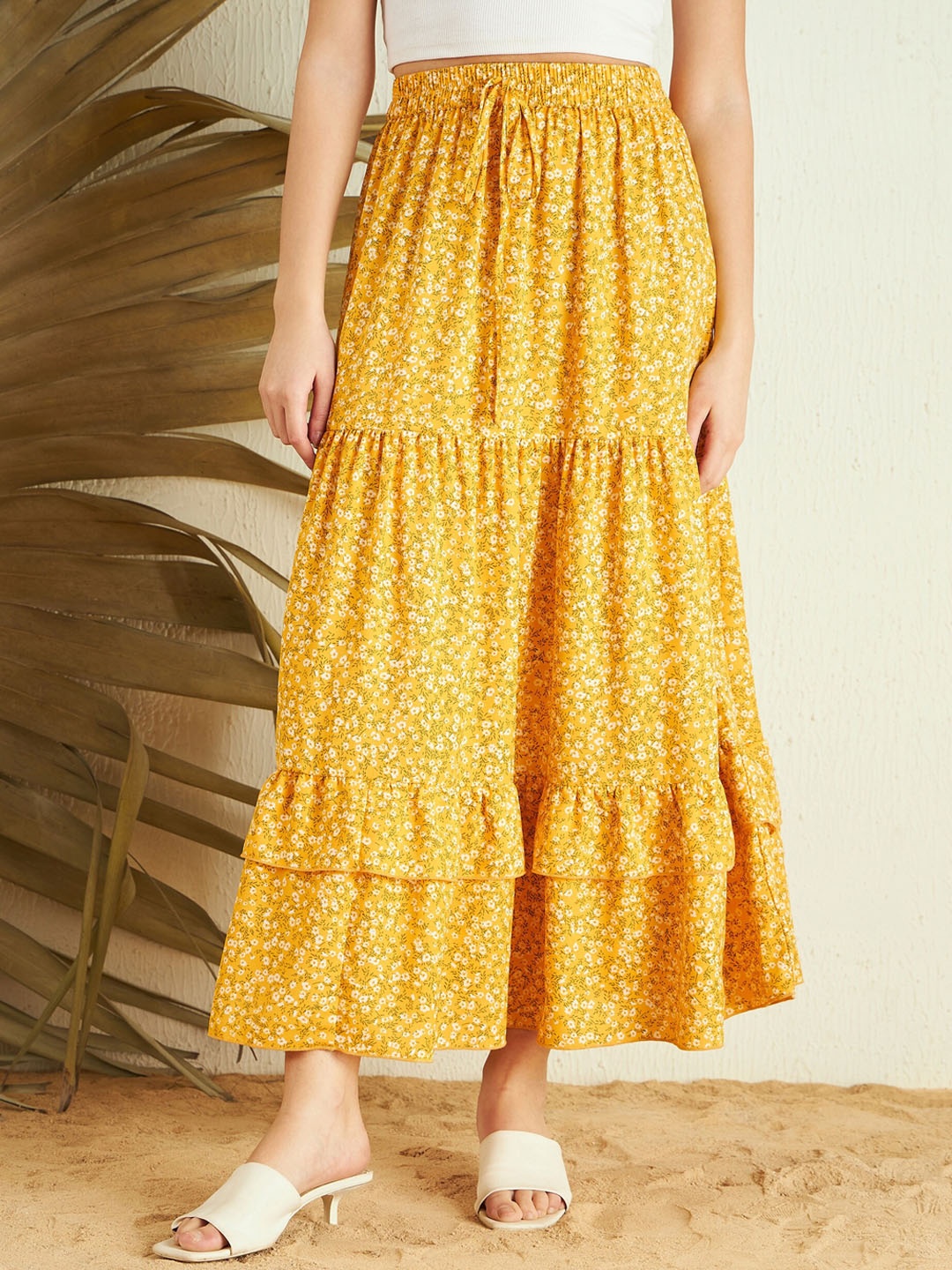 

Berrylush Floral Printed Layered A-Line Maxi Skirt, Yellow