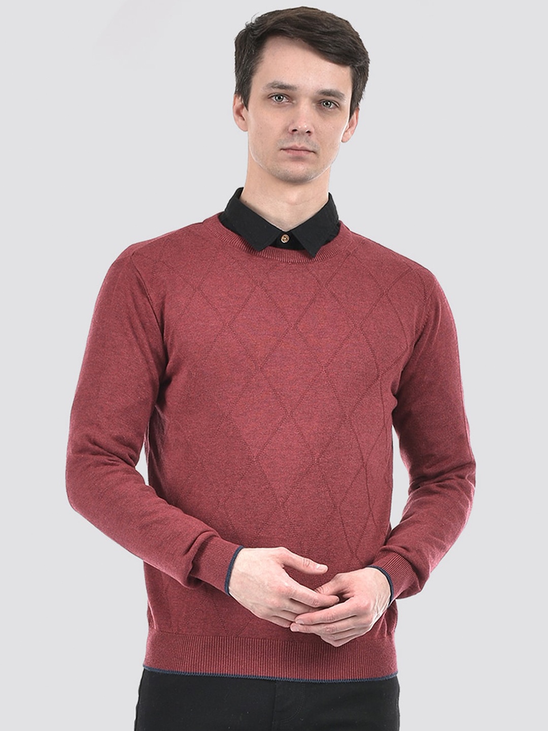 

PORTOBELLO Checked Round Neck Cotton Pullover Sweater, Maroon