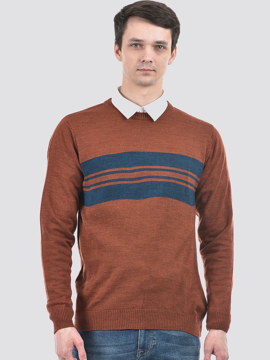 

PORTOBELLO Striped Round Neck Long Sleeves Pullover Sweater, Brown