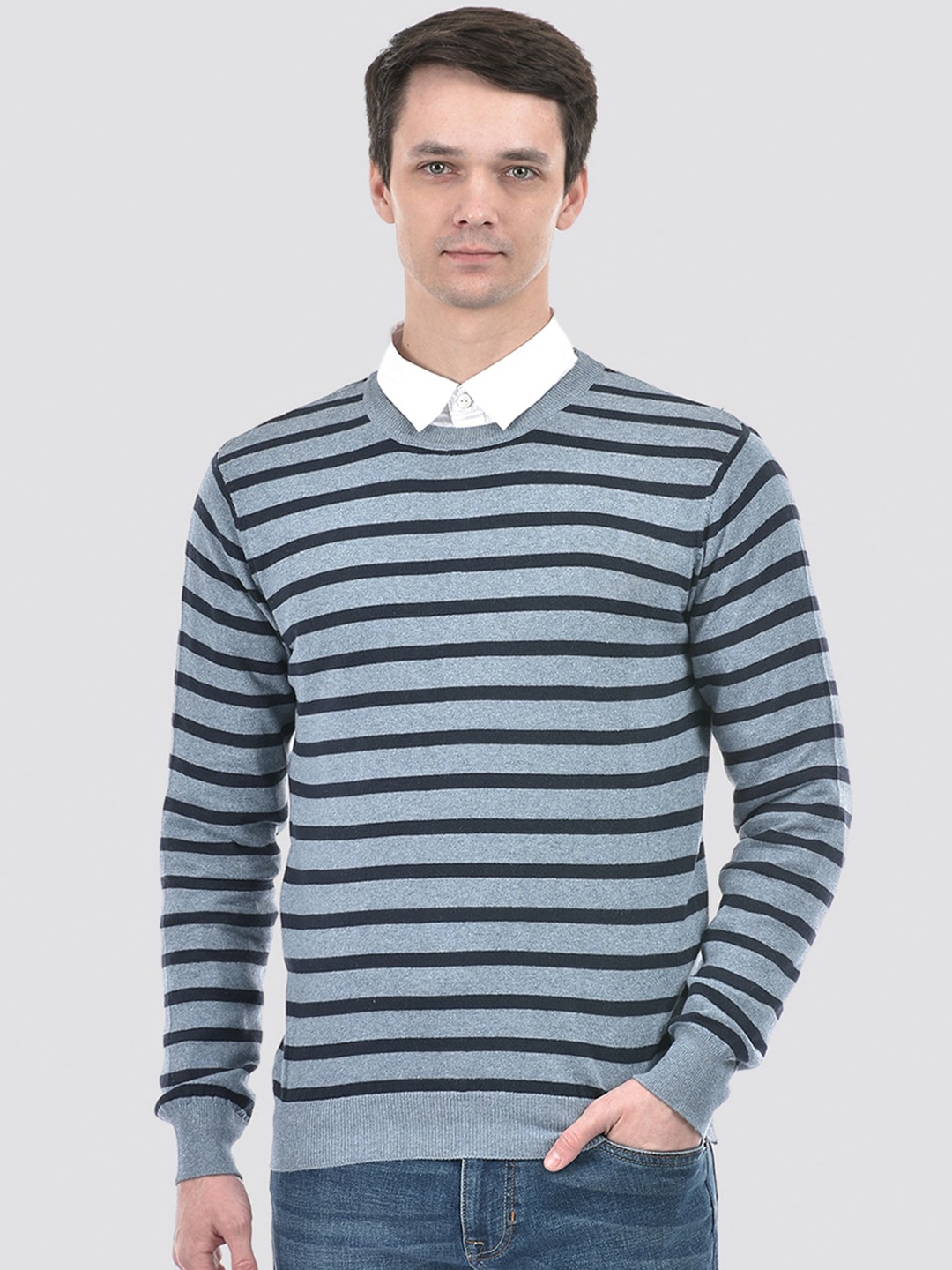 

PORTOBELLO Striped Round Neck Long Sleeves Cotton Pullover Sweater, Blue