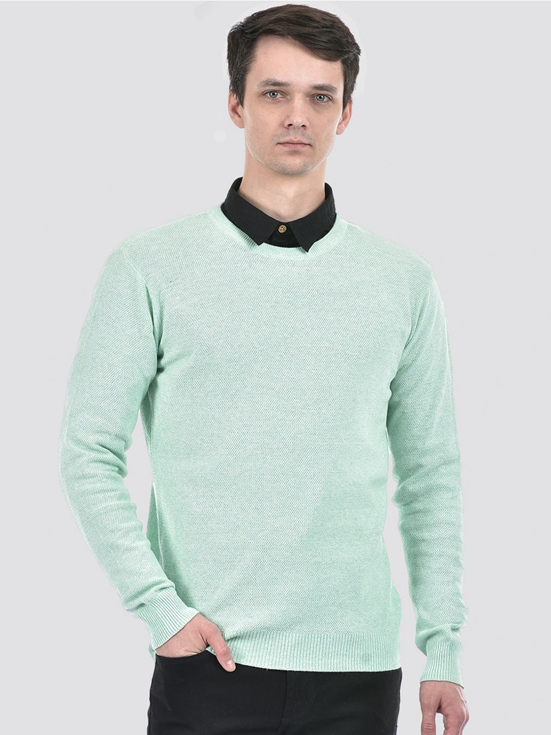 

PORTOBELLO Long Sleeves Pure Cotton Ribbed Pullover, Green