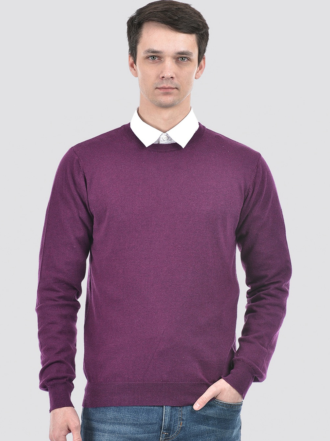 

PORTOBELLO Round Neck Pure Cotton Ribbed Pullover, Purple
