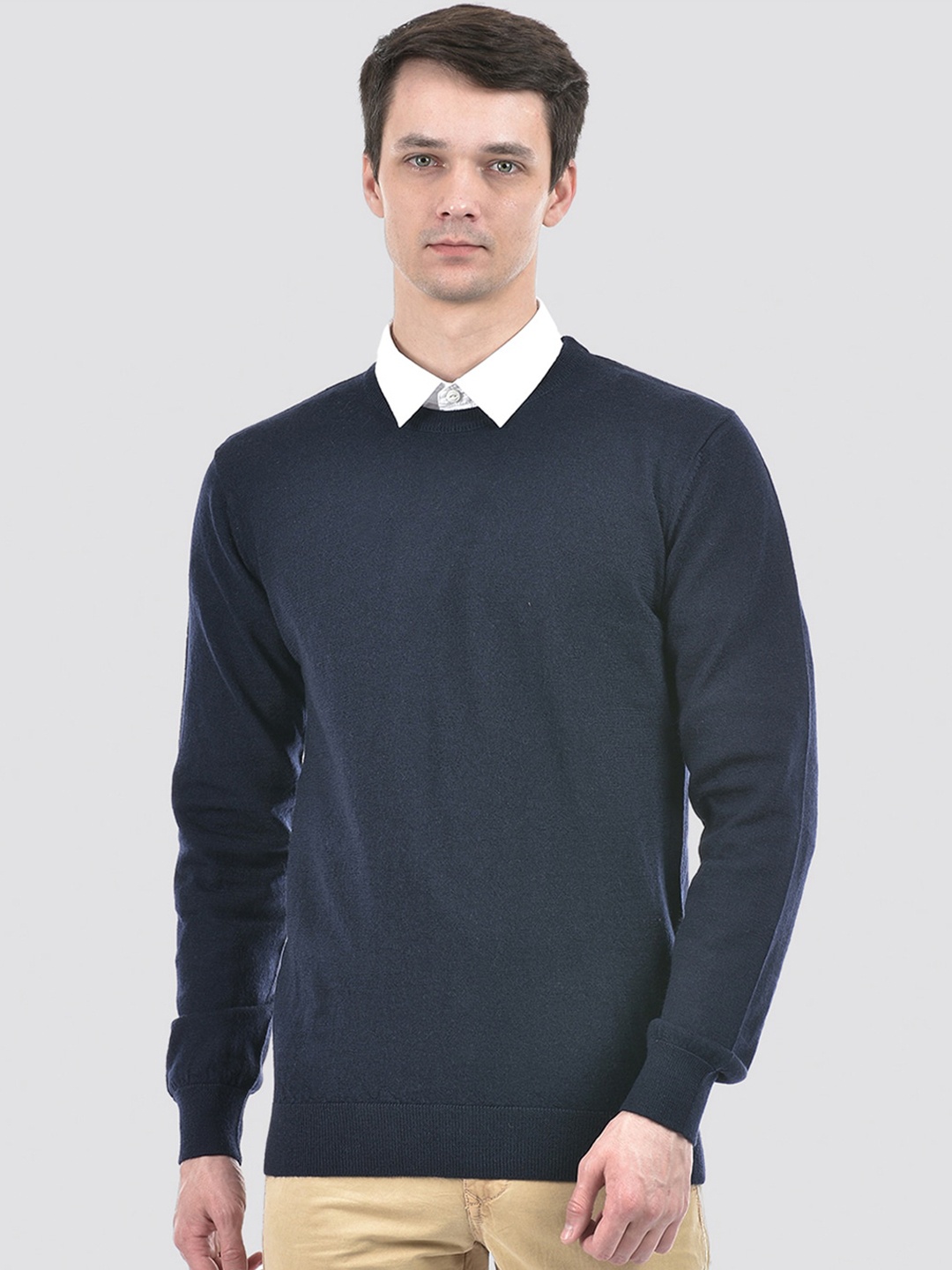 

PORTOBELLO Round Neck Long Sleeves Woollen Pullover Casual Sweater, Navy blue