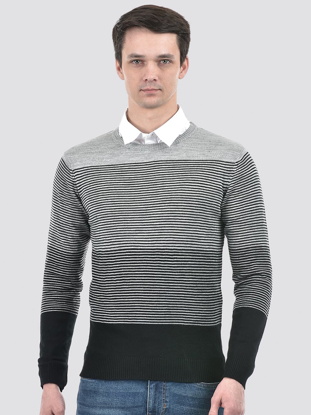 

PORTOBELLO Striped Round Neck Long Sleeves Pullover Casual Sweater, Grey