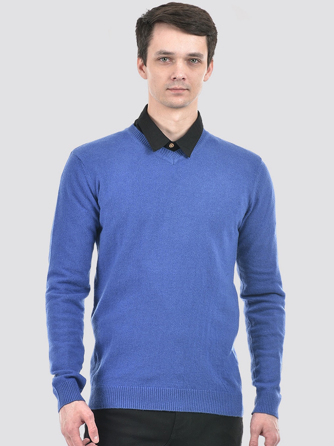

PORTOBELLO V-Neck Long Sleeves Woollen Pullover Casual Sweater, Blue