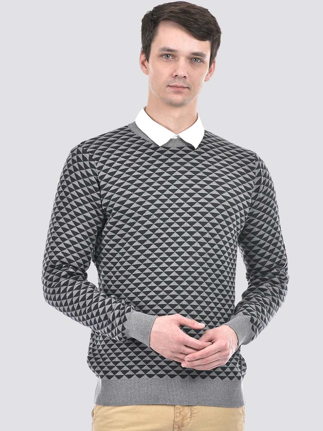 

PORTOBELLO Self Design Round Neck Long Sleeves Cotton Pullover Casual Sweater, Grey