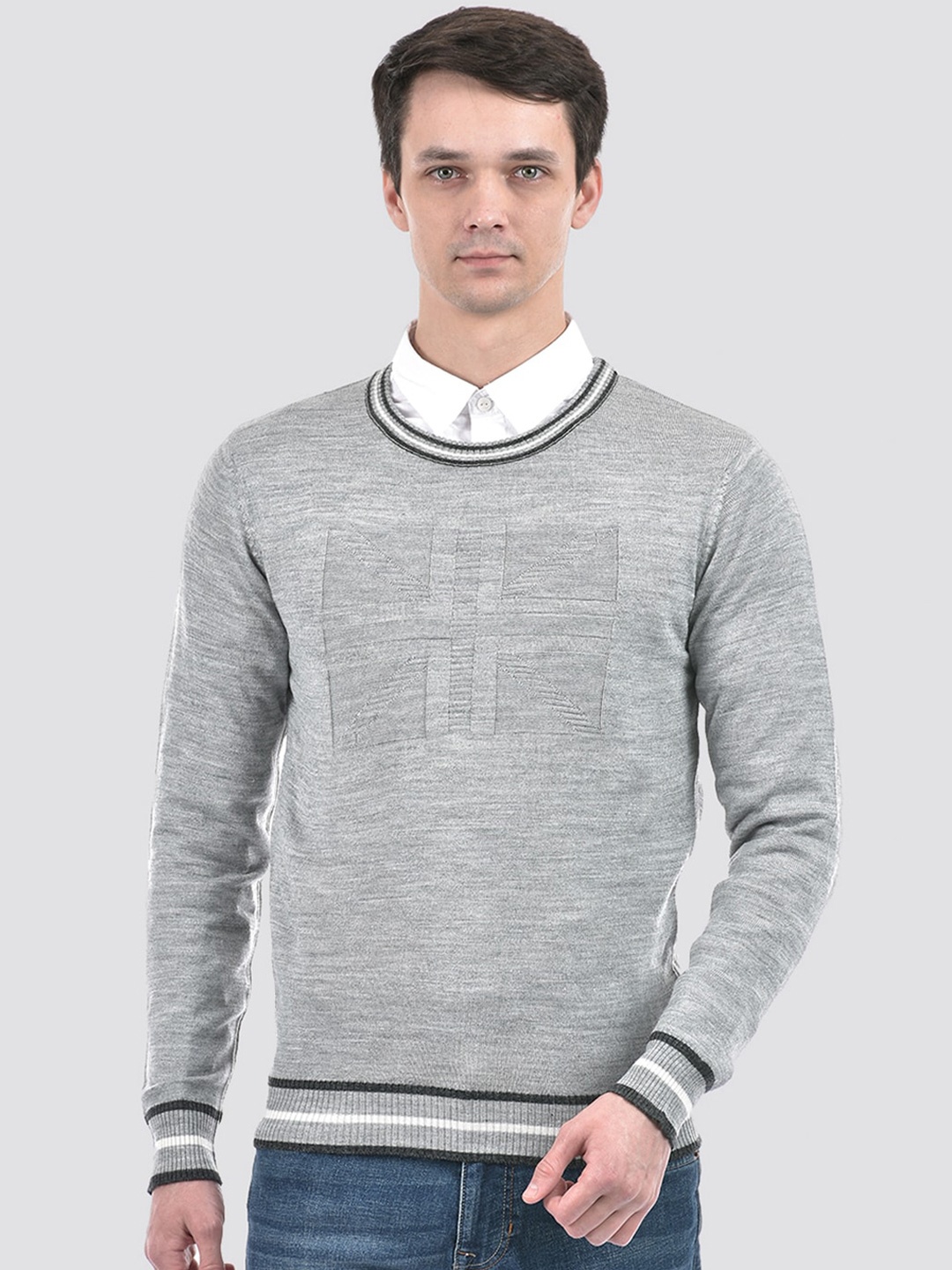 

PORTOBELLO Self Design Textured Acrylic Pullover Sweater, Grey