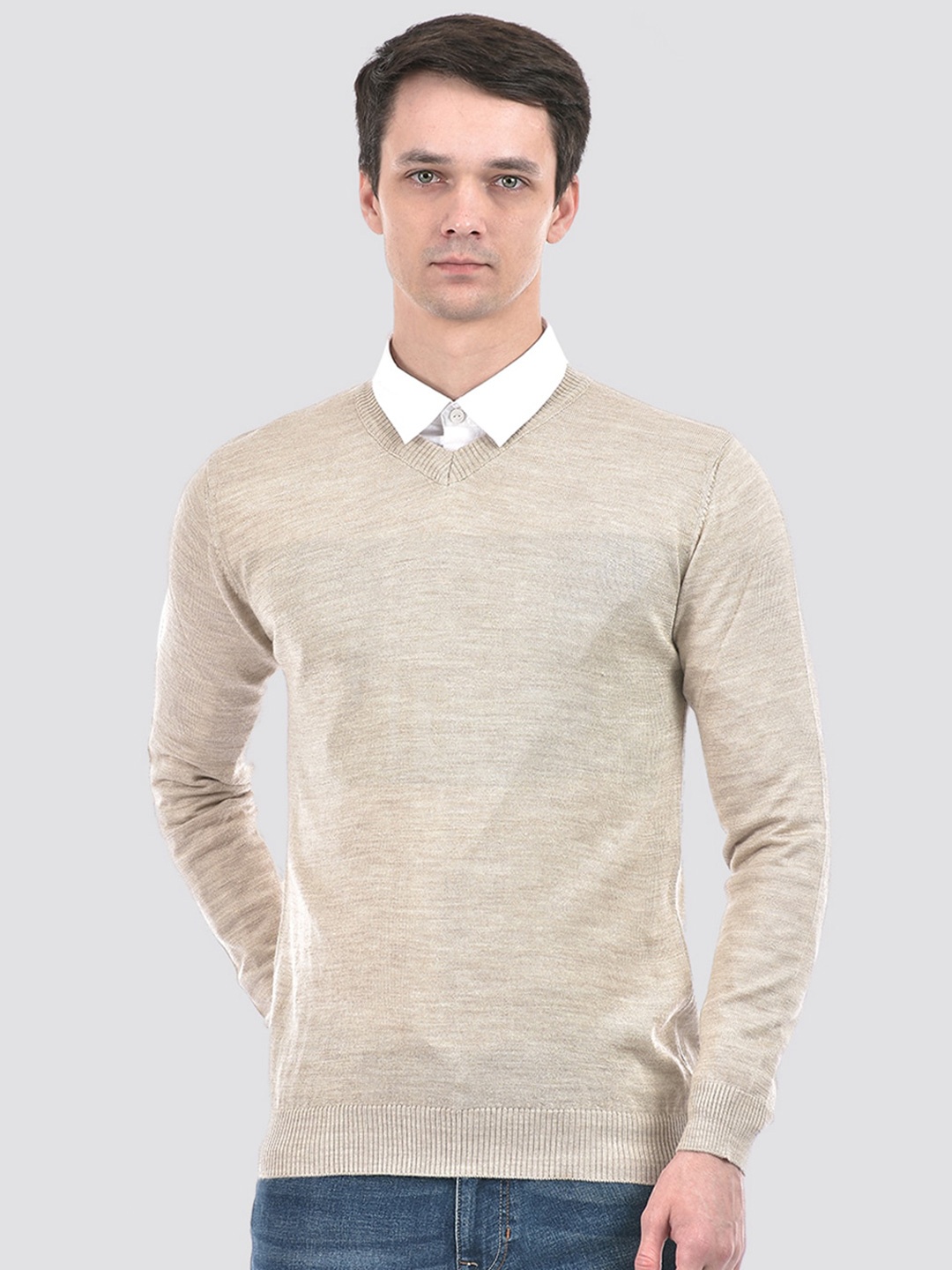 

PORTOBELLO V Neck Long Sleeves Pullover Sweater, Beige