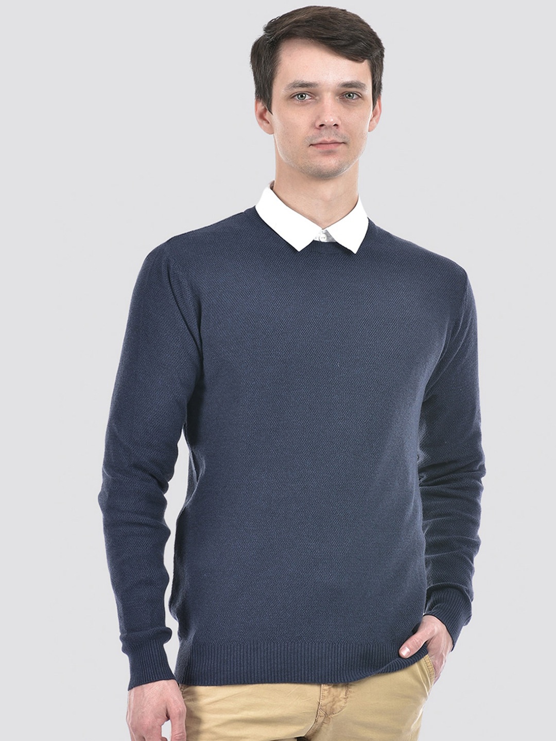 

PORTOBELLO Round Neck Long Sleeves Cotton Pullover Sweater, Navy blue