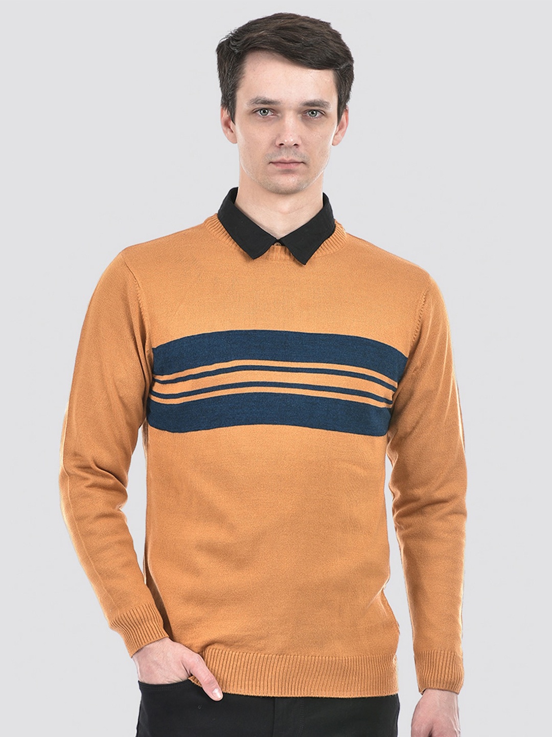

PORTOBELLO Round Neck Striped Pullover Sweaters, Orange