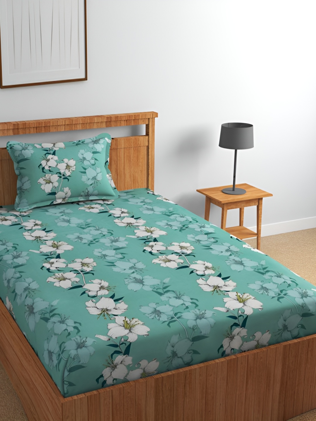 

Florida Green & White Floral Printed Cotton 180 TC Single Bedsheet Set