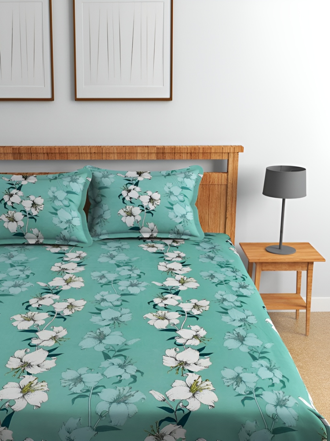

Florida Green & White Floral Printed Cotton 180 TC Double King Bedsheet Set