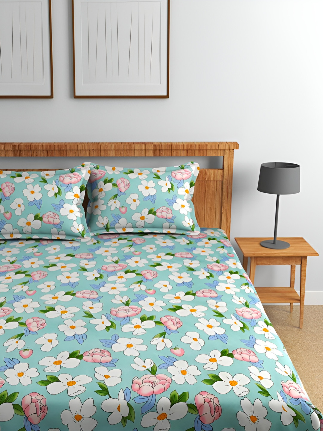 

Florida Blue & White Floral Printed Cotton 180 TC Double Bedsheet Set