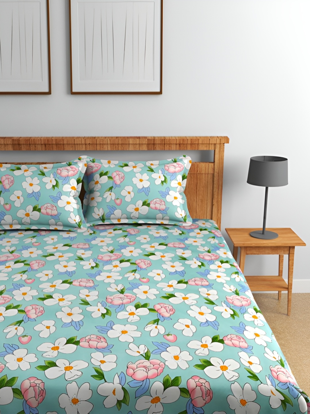 

Florida Blue & White Floral Printed Cotton 180 TC Double King Bedsheet Set