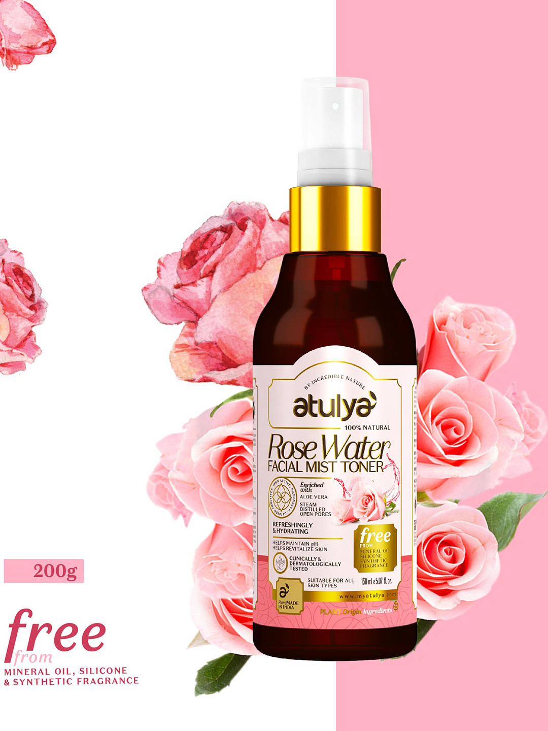

Atulya Natural Rose Water Facial Mist Toner For Pore Tightening - 150ml, Pink