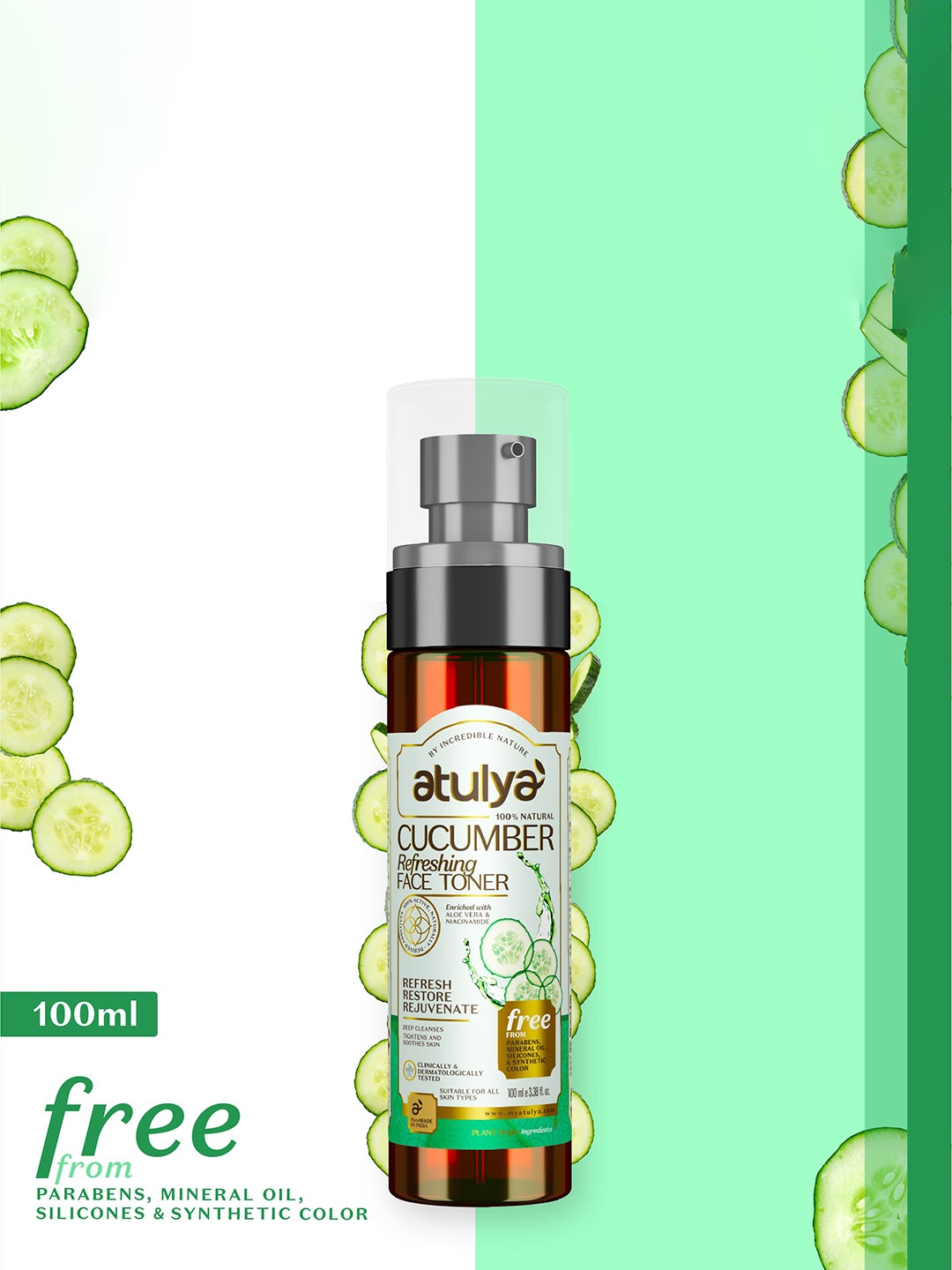 

Atulya Natural Cucumber Refreshing Facial Toner For Detoxifies The Skin - 100ml, Green