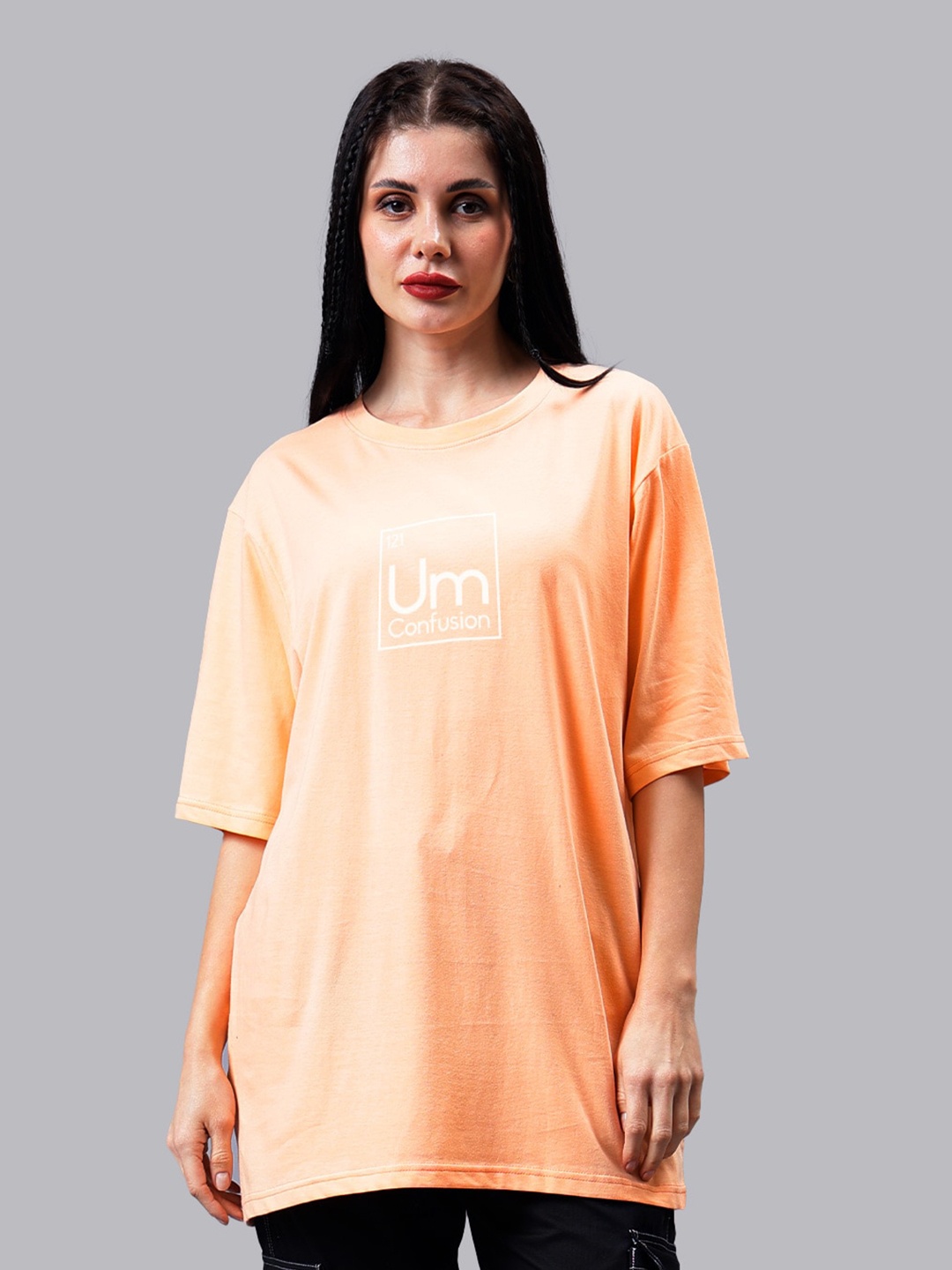 

Mad Over Print Printed Drop-Shoulder Oversized Cotton T-shirt, Peach