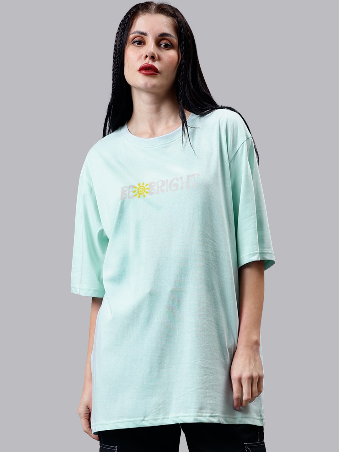 

Mad Over Print Typography Printed Drop-Shoulder Sleeves Cotton T-Shirt, Sea green