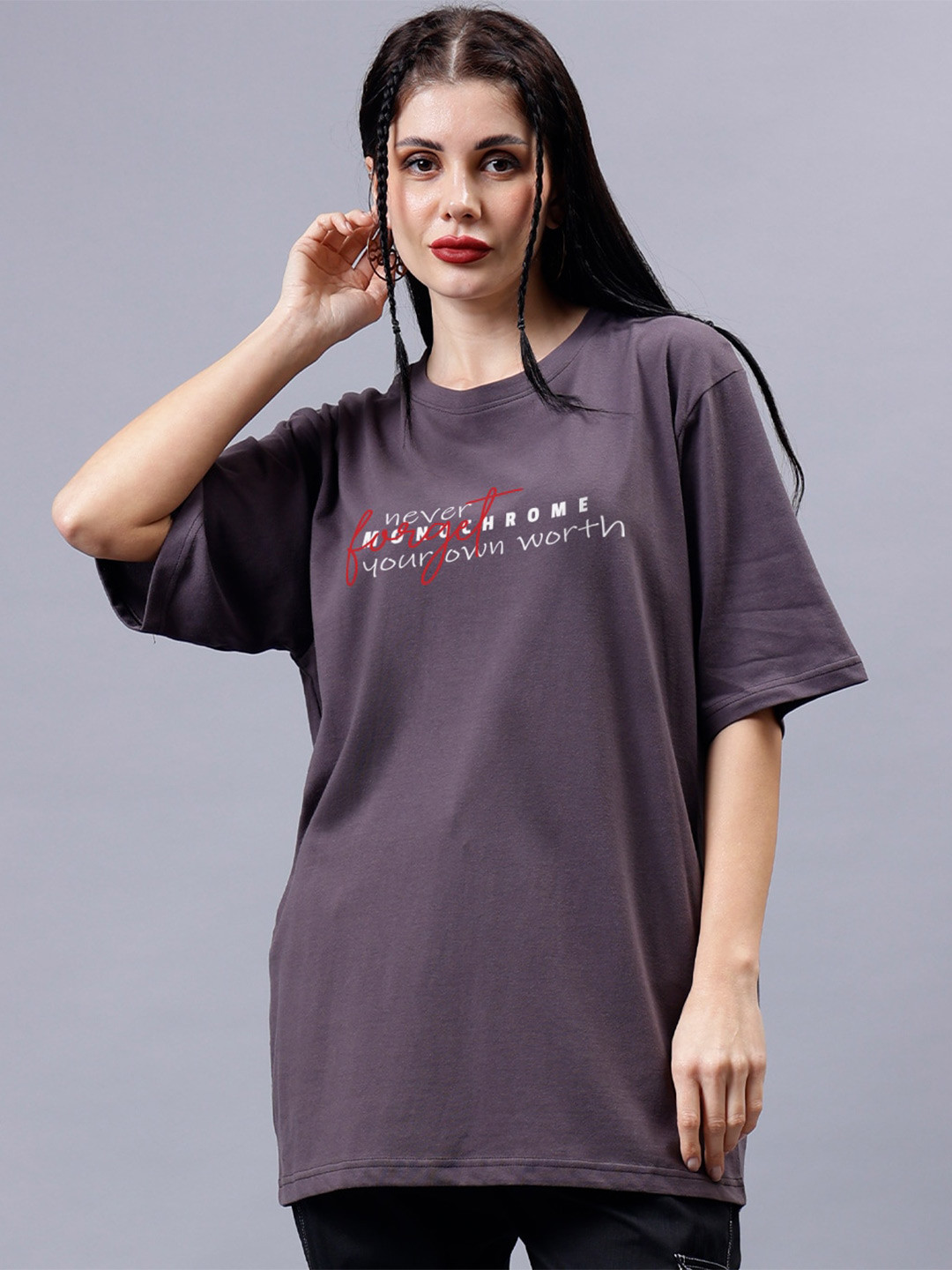 

Mad Over Print Typography Printed Cotton Oversized T-shirt, Charcoal