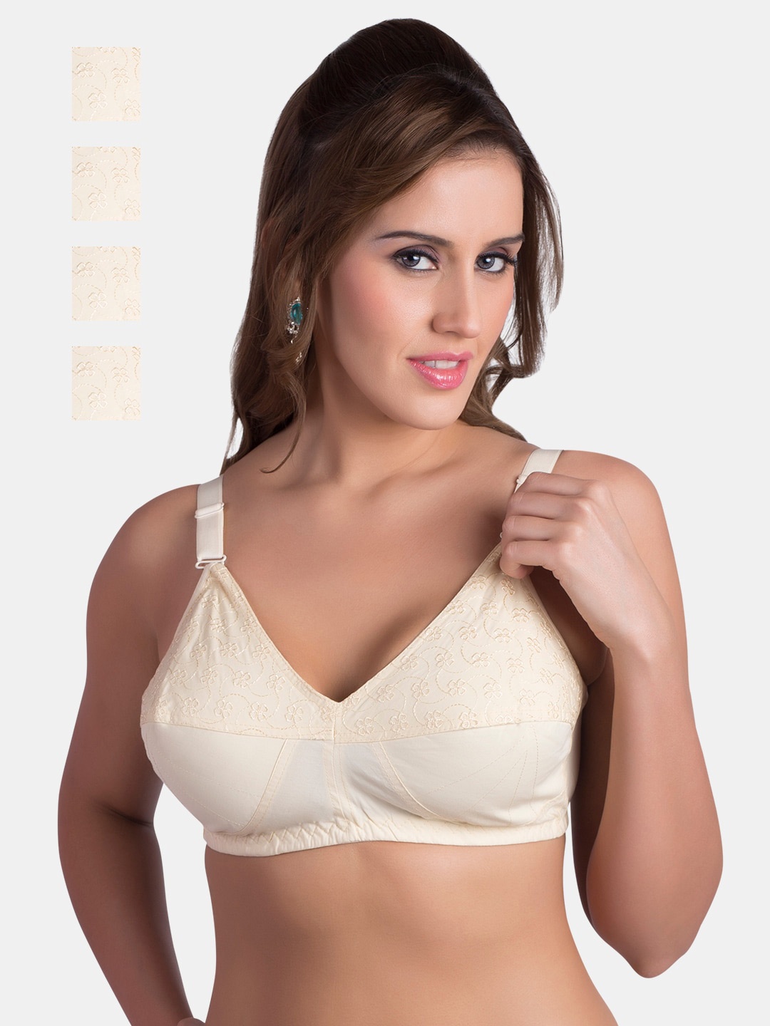 

Rajnie Pack Of 4 Floral Embroidered Pure Cotton Minimizer Bra- All Day Comfort, Beige