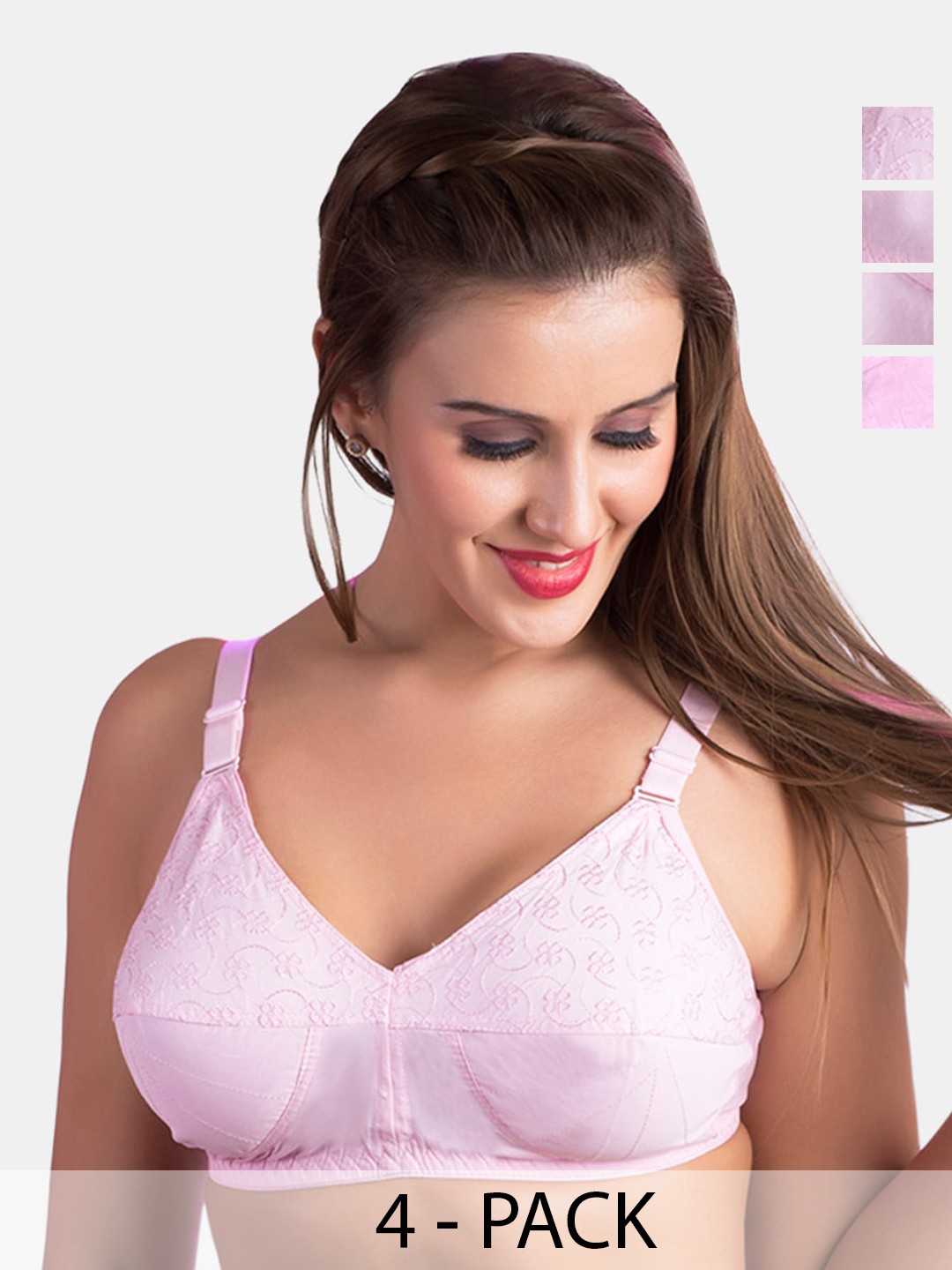 

Rajnie Pack Of 4 Floral Embroidered Pure Cotton Minimizer Bra- All Day Comfort, Pink